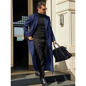 Men's Navy Blue Full-Length Double-Breasted Trench Coat with Notched Lapel